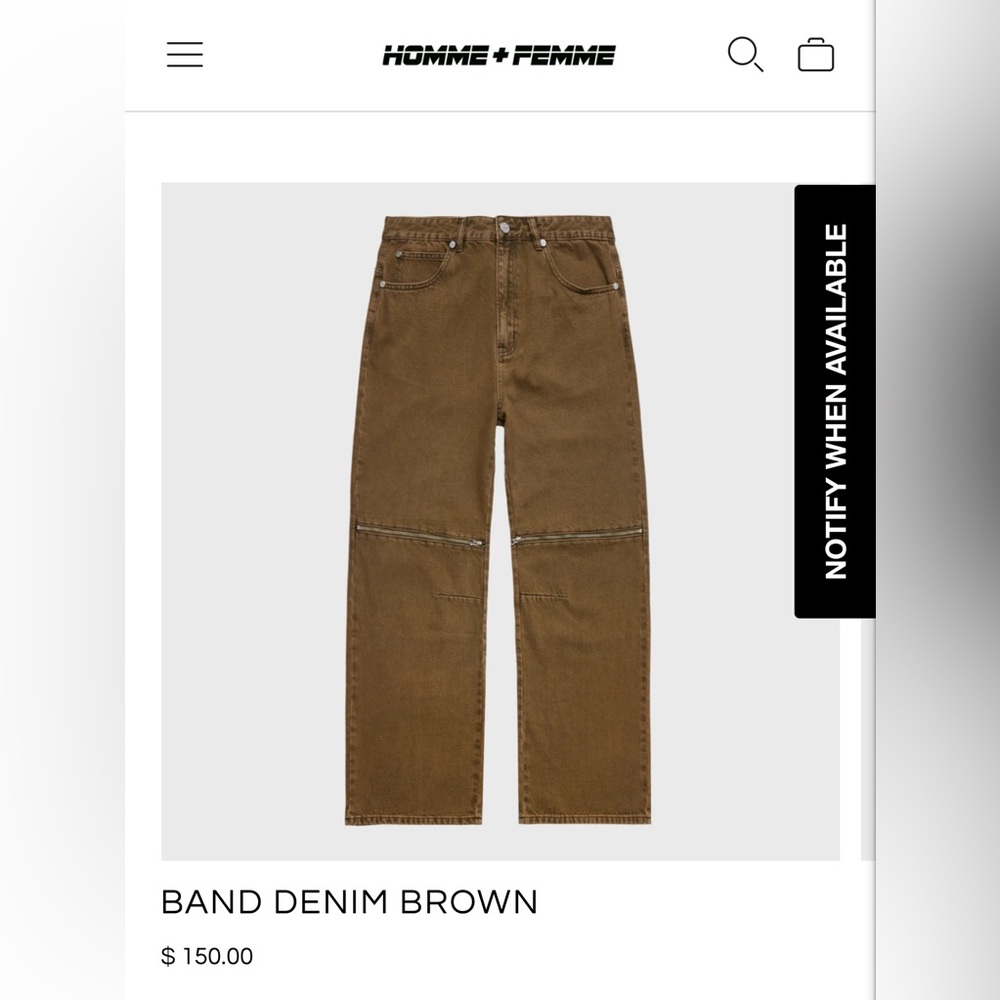 NWT: HommeFemme Band Denim Brown jeans